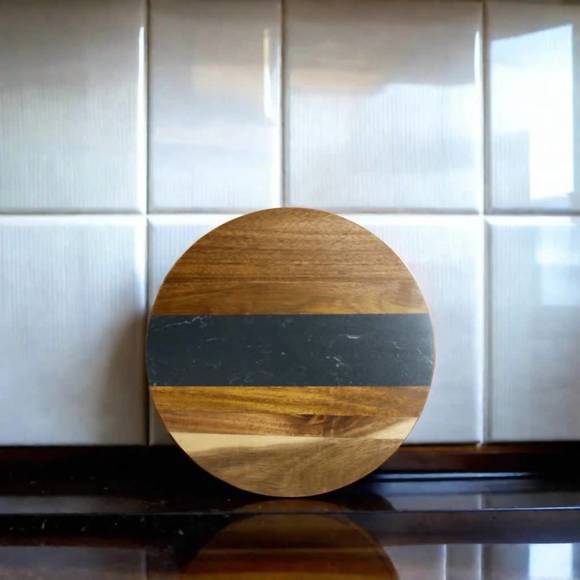 NEW CREATIVE GIFTS INTERNATIONAL marble stripe and acacia wood round board in bl - Picture 4 of 4
